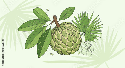 Illustration Of Tropical Custard Apple Fruit With Green Leaves, Artistic Style