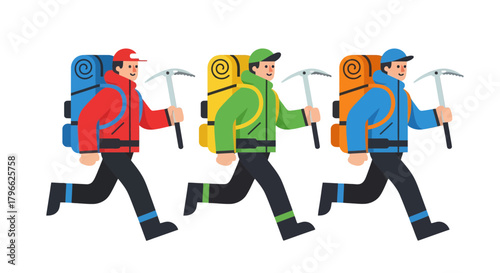 Illustration Of Three Mountain Climbers Running With Ice Axes and Backpacks Vector Art
