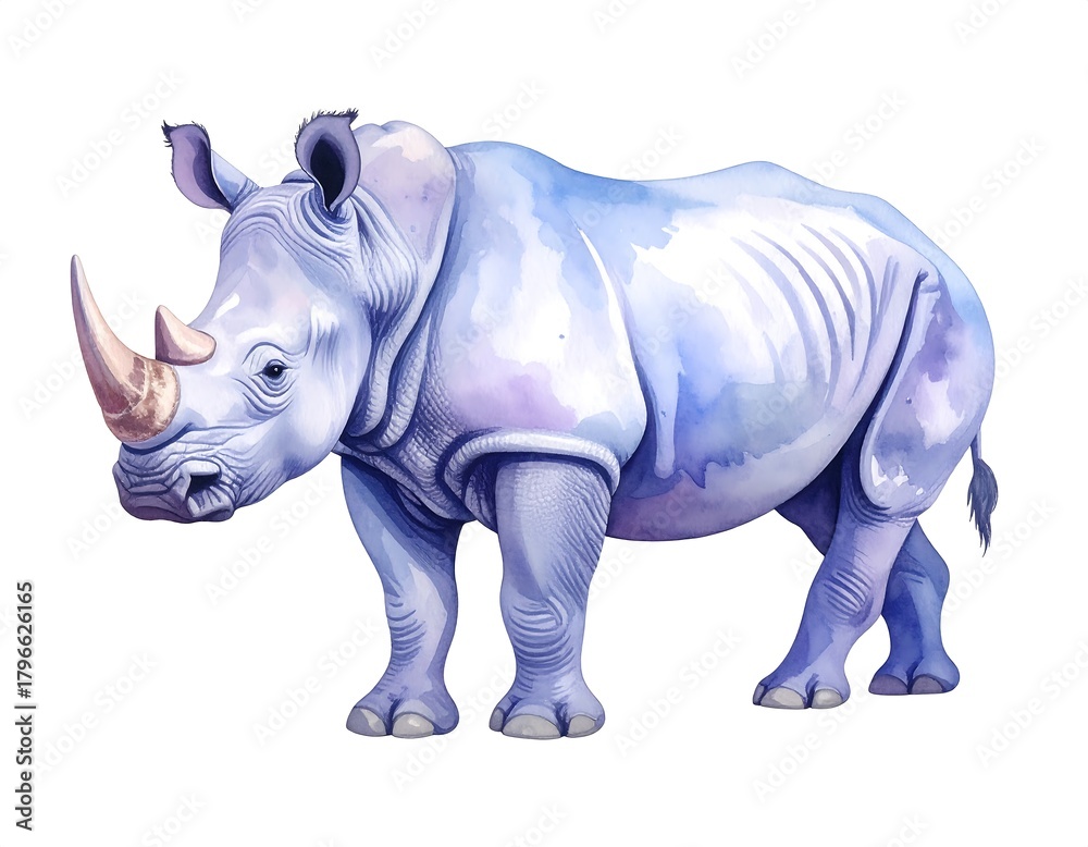 Obraz premium Watercolor depiction of a rhinoceros in shades of purple and blue