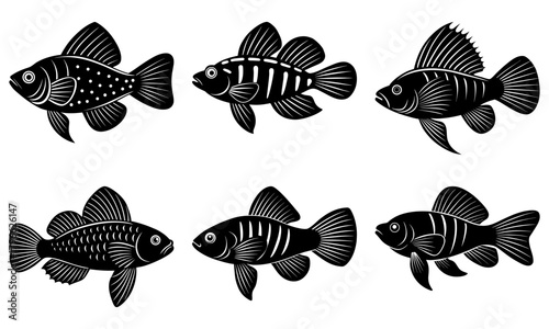 Illustration of six stylized black fish with different patterns on a white background design element