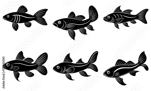 Six black and white stylized fish swimming in different directions with varied fin shapes and patterns