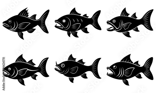 Six black fish with open mouths and spiky fins arranged in two rows on a white background vector art