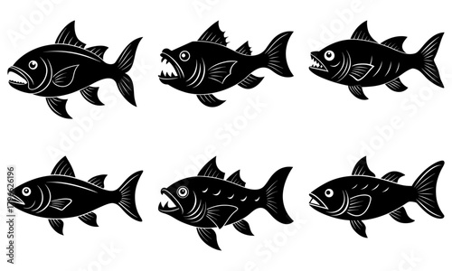 A collection of six stylized black fish illustrations with varying expressions and fin arrangements