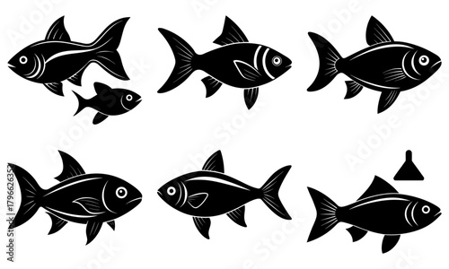 A group of stylized black fish swimming in different directions in a monochrome vector illustration style image