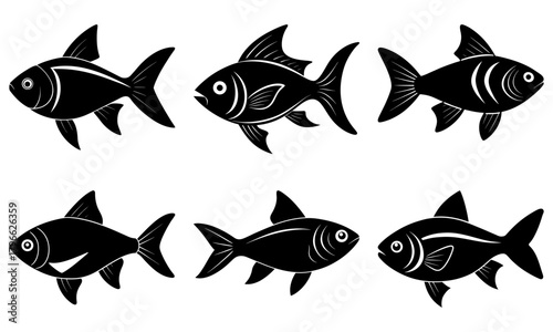 Illustration of six stylized black fish with detailed fins and tails arranged in two rows on white