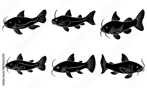 Illustration of six stylized black catfish with whiskers swimming in different directions on a white background