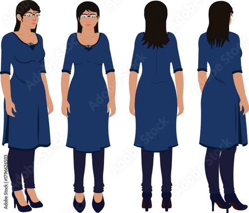 all side poses woman in kurta animation ready vector illustration