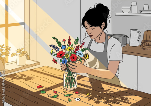 Illustration of a woman arranging colorful flowers in a vase on a sunny wooden table, concept for interior design, home decor and creative hobby