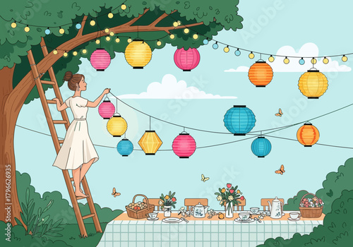 Woman hanging colorful paper lanterns on a tree with a ladder, concept for outdoor event decoration, garden party and backyard celebration