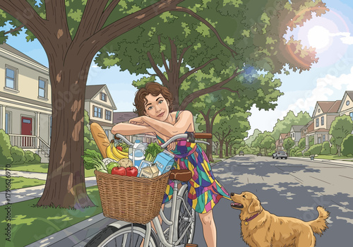 Young woman leaning on bicycle with groceries and a golden retriever on suburban street, concept for healthy lifestyle, neighborhood activities and eco-friendly transportation