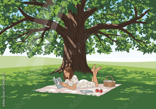 Illustration of a young woman reading a book under a large tree on a sunny day, concept for summer relaxation, leisure activities and outdoor education