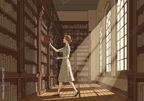 Illustration of a woman selecting a book in a vintage library filled with bookshelves, concept for educational resources, historical research and academic illustration