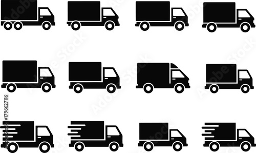 Black Silhouette Delivery Truck and Lorry Icons Set for Logistics, Shipping, and Fast Transportation Service Vector.