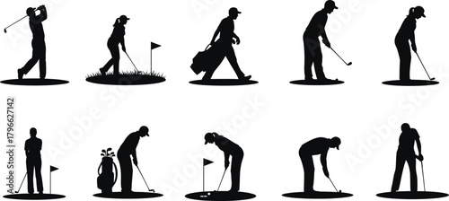 Golf player silhouettes in putting, walking, carrying bag, retrieving ball, observing, sports activity sequence illustration, athletic recreation design, flat vector