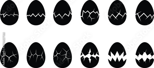 Black Silhouette Hatching Egg Icons Set Showing Shell Cracking Progression for New Beginnings and Surprise Reveal Vector.
