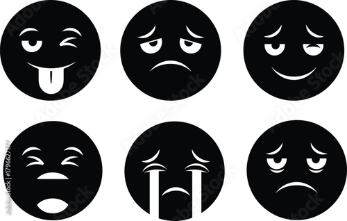 Black Silhouette Emoji Faces Set Displaying Sadness, Crying, Disappointment, and Tongue Out Playful Expressions Vector.
