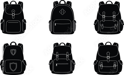 Backpack silhouette vector illustration set showing various travel and school bag designs, detailed black styles, modern accessory icons for education, hiking, adventure themes