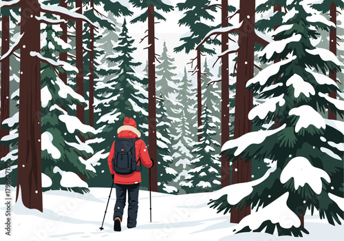 Rear view of a person with red jacket hiking in the snowy forest, concept for winter holiday, outdoor adventure and seasonal recreation