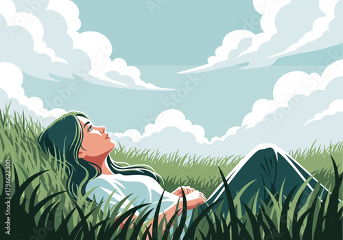 Illustration of a woman lying on green grass looking at the sky with clouds, concept for relaxation, meditation and mental health