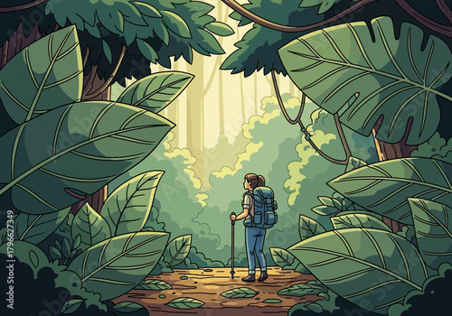 Illustration of a backpacker trekking through a dense jungle with towering green leaves, concept for adventure travel, eco tourism and exploration, Outdoor activity