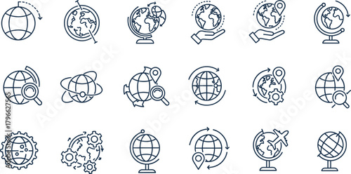 Globe icons collection, world map, Earth symbol, global connectivity, travel, navigation, education, geography, airplane, location pin, technology, planet