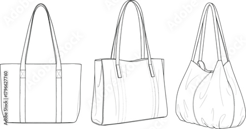 Handbag collection flat sketch, technical fashion drawing, CAD vector template, apparel design illustration, tote and hobo bag accessory silhouettes