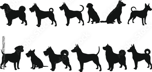 Dog silhouette collection featuring multiple breeds in standing and sitting poses, ideal for pet illustration projects, canine graphics, modern vector design and artwork use