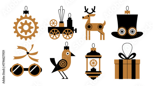 Steampunk Ornaments Illustration: A collection of quirky, steampunk-inspired ornaments, each representing a unique design and intricate details, bringing a touch of Victorian charm.