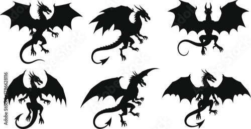 Fantasy dragon silhouette collection featuring fierce winged creatures in dynamic poses, ideal for mythical artwork, fantasy design projects, powerful vector illustration themes