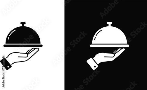 Food service hand silhouette vector illustration showing waiter tray with cloche, hospitality symbol, black and white design for restaurant, catering, delivery concepts