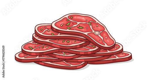 Delicious raw meat slices seasoned with herbs, stacked ready for grilling or cooking, promising a flavorful meal experience everyone will love