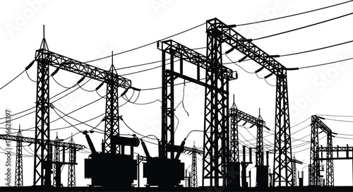 High voltage electrical substation silhouette featuring power lines, transmission towers, industrial energy infrastructure, detailed vector illustration 