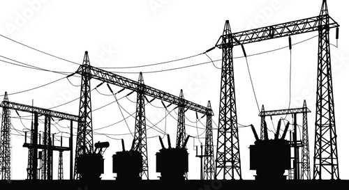 High voltage electrical substation silhouette featuring transformers, transmission structures, powerlines, detailed vector illustration of industrial energy infrastructure, utility grid