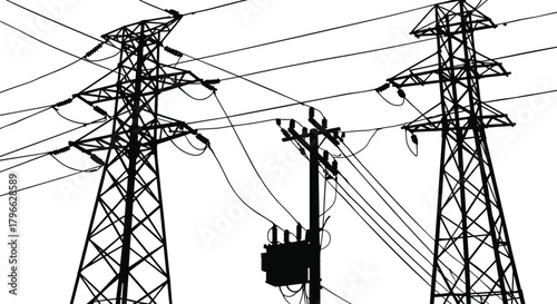 High voltage power transmission towers and electric distribution pole silhouette, detailed vector illustration showcasing energy 