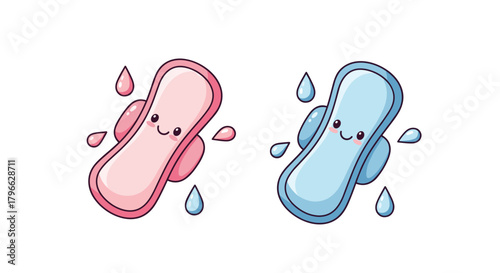 Adorable pink and blue sanitary pads with cute faces offer menstrual cycle protection in kawaii cartoon style for feminine hygiene and wellness