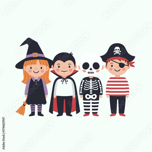 Adorable cartoon kids in classic Halloween costumes: witch, vampire, skeleton, pirate illustration