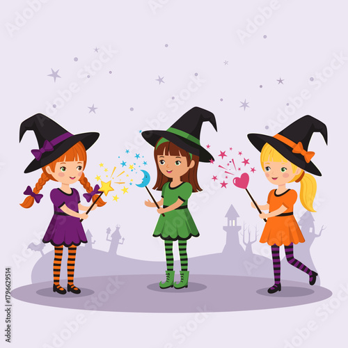 Three cheerful cartoon witch girls casting magic spells with wands for Halloween fun, isolated on light background.