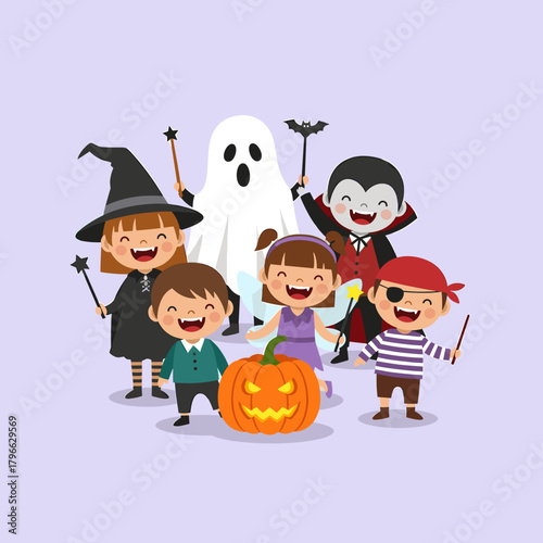 Happy Halloween Kids in Costumes with Jack-o'-Lantern. Cheerful children dressed as witch, ghost, vampire, pirate for celebration.