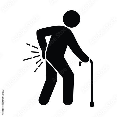 Elderly Person with Back Pain Icon - Chronic Low Backache and Mobility Issue Symbol