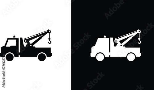 Tow truck silhouette icon in black and white background, roadside assistance service vehicle illustration, car recovery, transportation, emergency towing vector design
