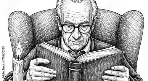 Elderly man with glasses reading a large book by candlelight.