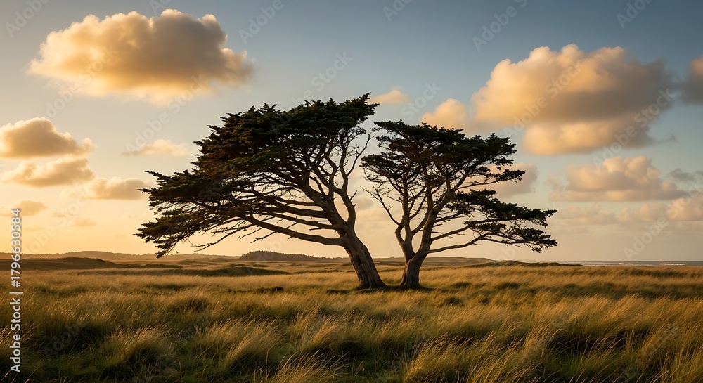 Obraz premium Stunning coastal landscape at golden hour features windswept trees in tall grass with dramatic clouds over the ocean horizon