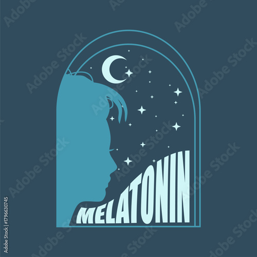Melatonin keyword with female avatar profile sign decorated with arch frame. Young woman face side view icon. Night sky filled with stars.