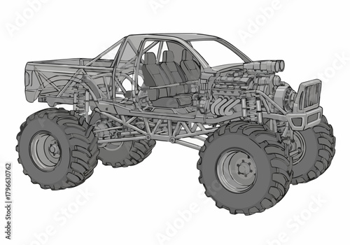 Detailed technical vector illustration of a massive offroad monster truck chassis engine and oversize tires isolated white background