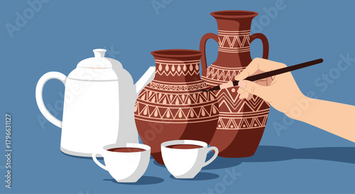 Illustrative scene of a hand painting tribal patterns on terracotta pots, a teapot, and cups set against a serene blue background