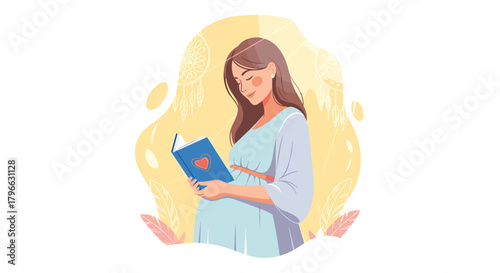 Expecting mother joyfully reading a book with a heart on the cover, preparing for her baby with love and excitement in a peaceful setting