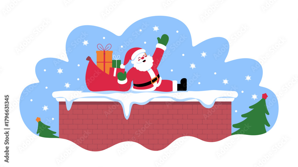 Obraz premium Santa's Merry Holiday: Santa Claus sits atop a chimney, amidst a snowy scene, spreading cheer with gifts and a joyful wave during the holiday season. 