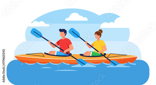 Illustration Of Two Individuals Kayaking On Water Body With Black Background