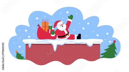 Santa's Merry Holiday: Santa Claus sits atop a chimney, amidst a snowy scene, spreading cheer with gifts and a joyful wave during the holiday season. 