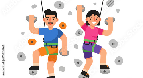 Illustration Of Two Individuals Engaged In Climbing Wall Activity Smiling And Being Joyful